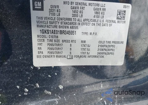 2011 GMC Yukon Sle из США, поврежденный, VIN 1GKS1AE01BR345951